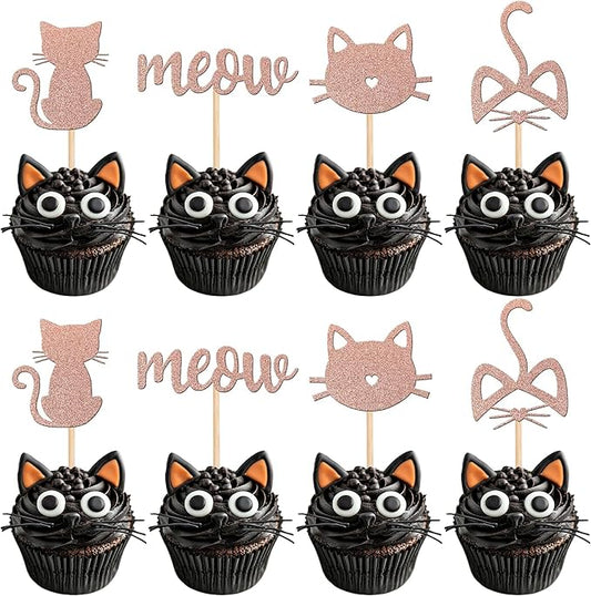 YCTHUNFISH Cat Cake Toppers - 24 Pc Black Glitter Kitten Themed Cupcake Decorations for Wedding, Birthday, Baby Shower - Rose Gold