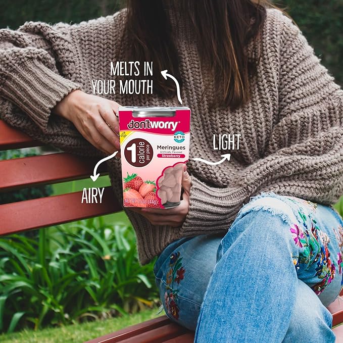Don't Worry Low Calorie Meringue Cookies - 6 Pack - Strawberry, Vanilla and Cookies&Cream, Just 1 Calorie per Piece | Low Sugar Candy, Gluten Free | Keto Cookies and Healthy Snacks for Adults