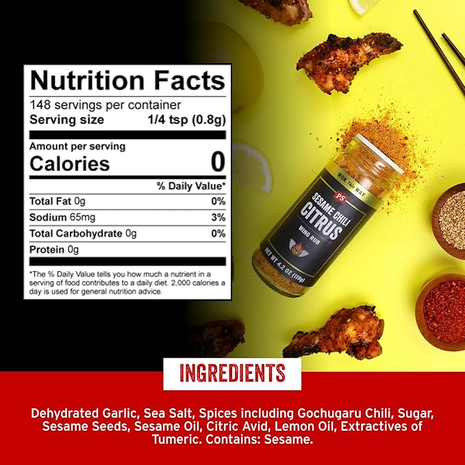 PS Seasoning Sesame Chili Citrus Wing Rub - Zesty Korean Seasoning Dust with Sesame, Gochugaru Chili, Citrus - Chicken Wing Dry Rub & Topping for Poultry, Turkey, Pork, Veggies, Popcorn & Dips, 4.2oz