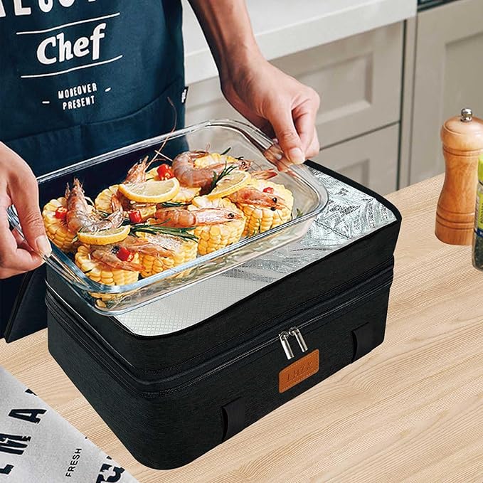 LHZK Double Insulated Casserole Carrier, Expandable Casserole Carriers for Hot or Cold Food, Insulated Food Carrier for Travel, Parties, Picnic, Fits 11 x 15 or 9 x 13 Baking Dish(Black)