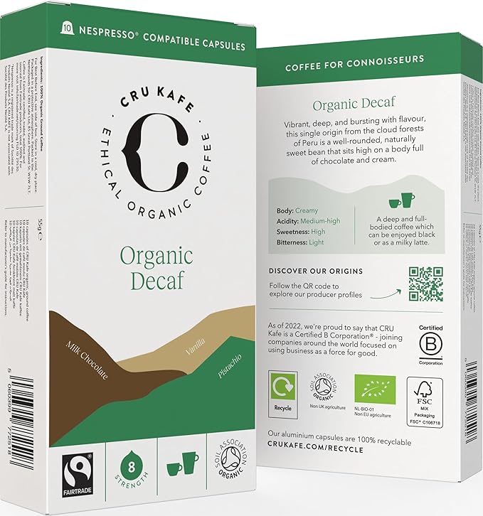 Cru Kafe Decaf USDA Organic Espresso Coffee Capsules (50 Pods) Fairtrade Coffee Pods Compatible with Nespresso Original Line and Pixie Machines
