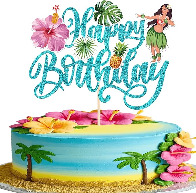 Rsstarxi 1 Pack Hawaii Luau Birthday Cake Topper Hawaiian Cake Decorations Hula Aloha Turtle Leaves Cake Pick for Summer Theme Baby Shower Birthday Tropical Party Decorations Blue