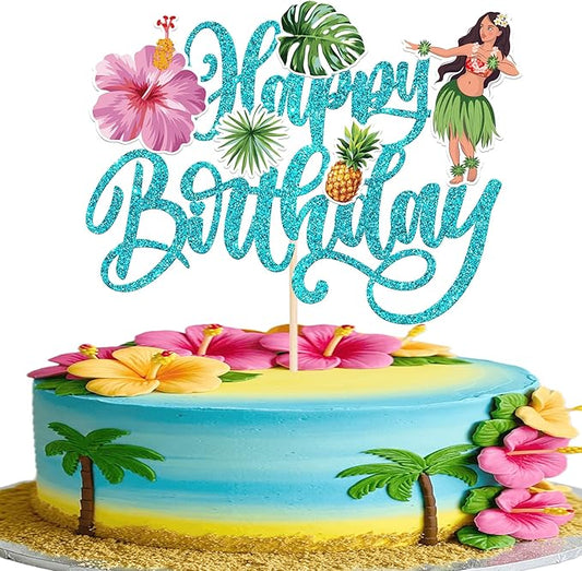 Rsstarxi 1 Pack Hawaii Luau Birthday Cake Topper Hawaiian Cake Decorations Hula Aloha Turtle Leaves Cake Pick for Summer Theme Baby Shower Birthday Tropical Party Decorations Blue