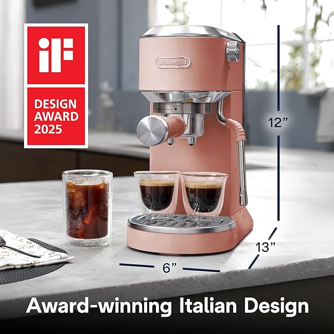 De'Longhi Dedica Duo Compact Espresso Machine - Cold Brew Coffee Maker with Milk Frother Wand- for Espresso, Hot & Iced Coffee, Cappuccinos, Lattes & Home Barista Brewing, Ros챕 Pink