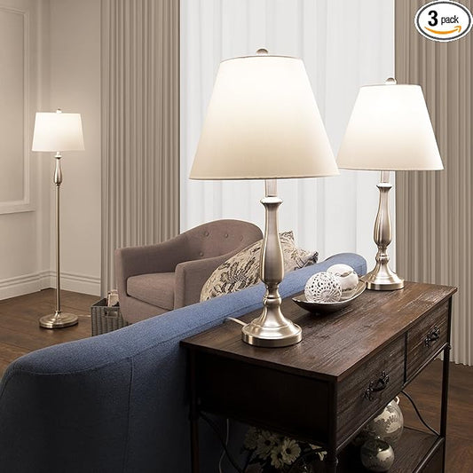 3-Piece Home Lighting Set - Coordinating Bundle with 2 Table Lamps and 1 Floor Lamp for Home and Office Decor by Lavish Home (Silver)