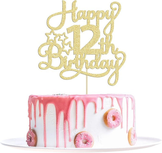 1 Pack Happy 12th Birthday Cake Topper Glitter Heart Star 12 Fabulous Cake Pick Birthday Sign Cake Decorations for Children 12th Birthday Theme Party Supplies Gold