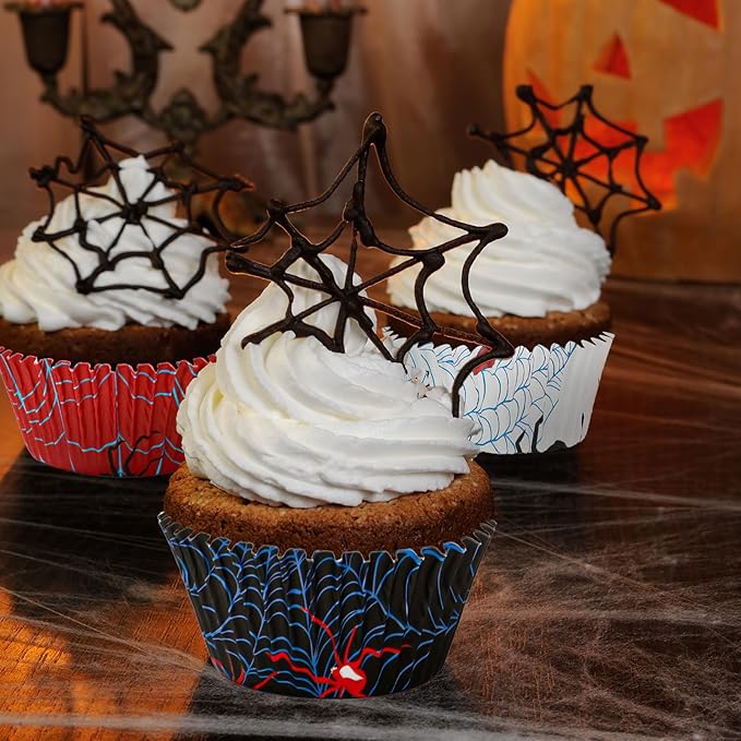 600 Pcs Spider Paper Baking Cups Spider Web Cupcake Liners Red Blue Muffin Liner Cake Paper Cups Storage Container for Birthday Party DIY Crafts Supplies, 2 x 1.2 Inch