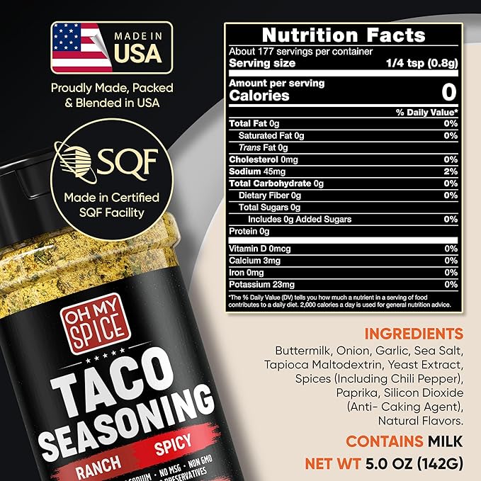 Taco Seasoning Mix Spicy Ranch Seasoning Powder - Gluten Free & Low Sodium Hot Mexican Seasonings Blend for Taco Tuesday Night. Hot Ranch Powder for Fajita & Burrito. Street Tacos Spices Topping. 5oz