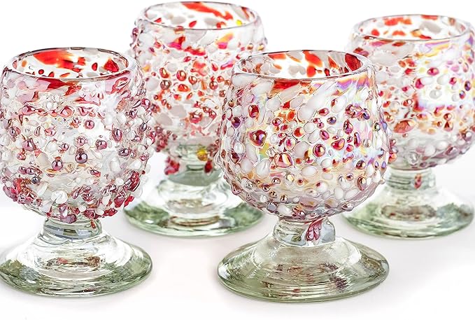 Authentic Mexican Tequila Shot Glasses (Set of 4) - Hand Blown 2oz Mini Snifters - Festive Red & White Stone Blend, Heavy Base