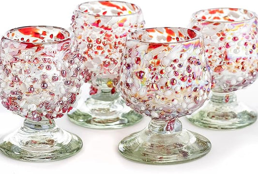 Authentic Mexican Tequila Shot Glasses (Set of 4) - Hand Blown 2oz Mini Snifters - Festive Red & White Stone Blend, Heavy Base