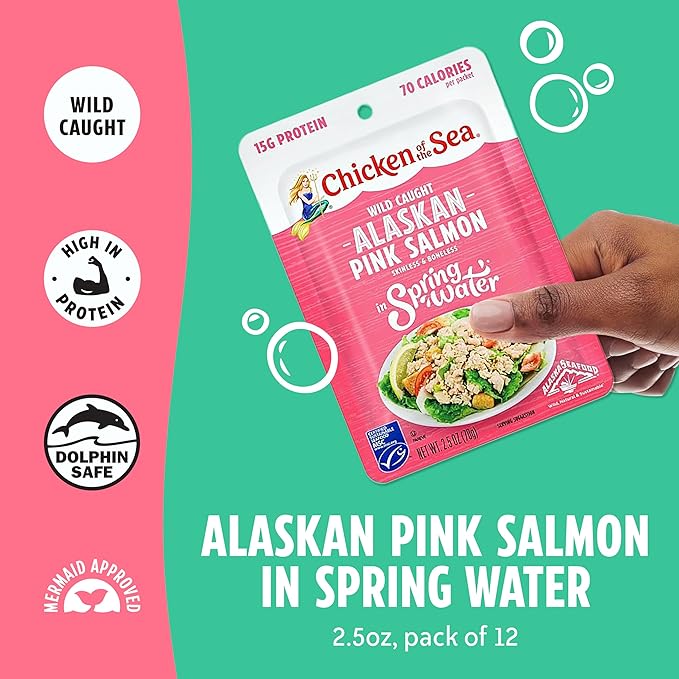 Chicken of the Sea Alaskan Pink Salmon in Spring Water, 2.5 Ounce Packets (Box of 12), Wild Caught, Skinless & Boneless