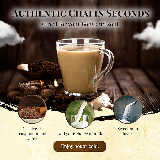 Blue Lotus Chai - Traditional Masala Chai - Makes 17 Cups - 0.5 oz Pouch Masala Spiced Chai Powder with Organic Spices - Instant Indian Tea No Steeping - No Gluten