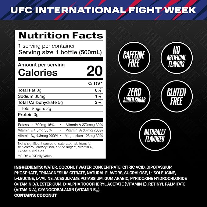 PRIME Hydration UFC, Sports Drinks, Electrolyte Enhanced for Replenishing Fluids, 250mg BCAAs, B Vitamins, Antioxidants, Low Sugar, 16.9 Fl Oz, 12 Pack
