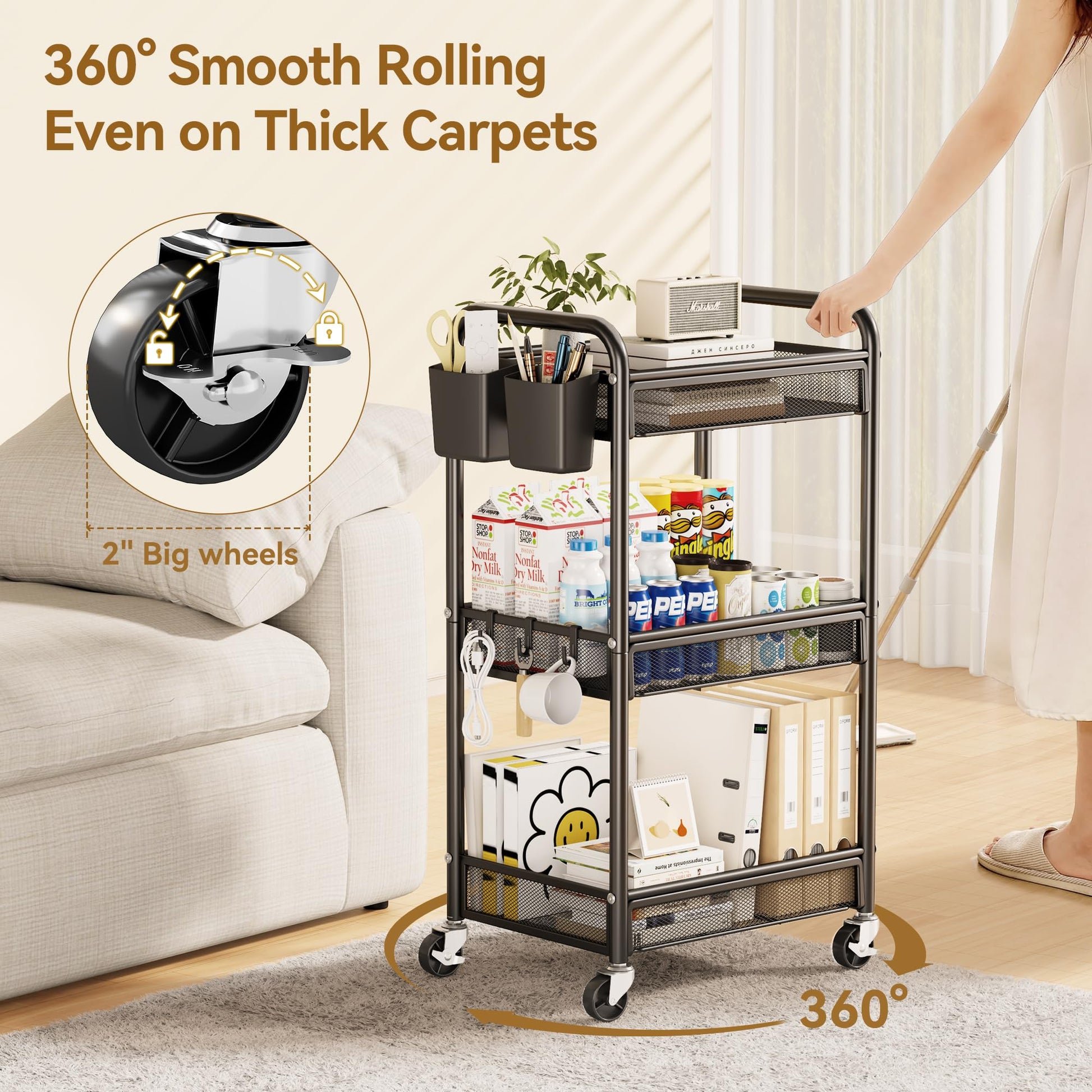 YASONIC 3 Tier Metal Rolling Cart, Black Utility Storage Cart with Wheels