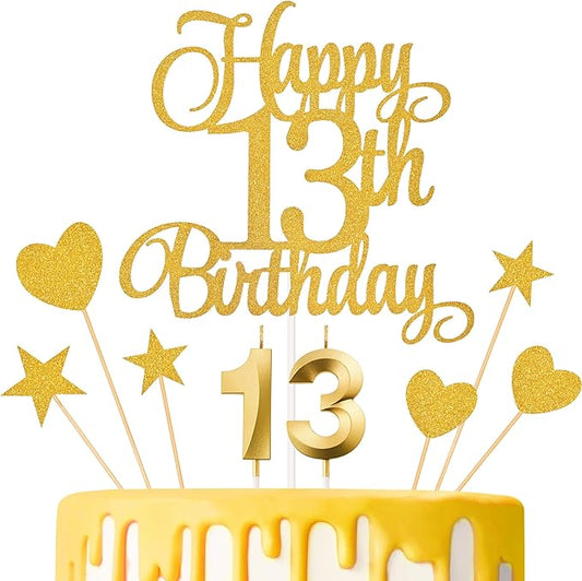 13th Birthday Cake Decorations, 13th Birthday Candles Cake Numeral Candles and Glitter Happy 13th Birthday Cake Toppers Set for Birthday Party Supplies (Gold)