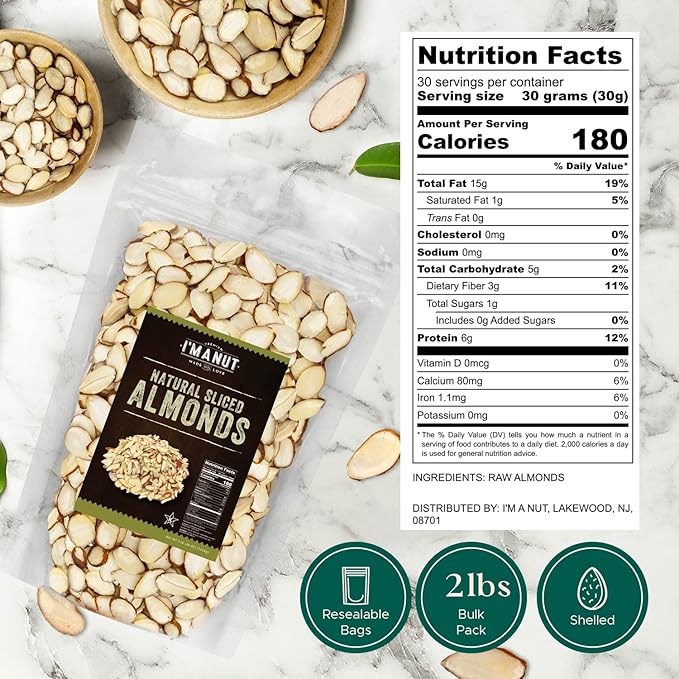 Premium Raw Unsalted Sliced Almonds 32oz (2 lb) | Superior Gourmet Quality | Batch Tested Gluten & Peanut Free | Non-GMO | No PPO | Unblanched for Maximum Nutrition & Flavor