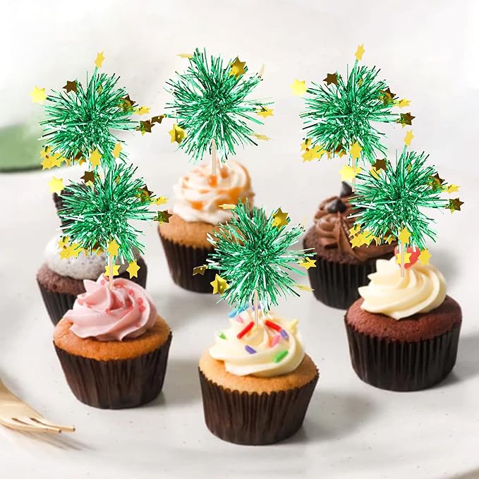 Rsstarxi 30 Pack Foil Firework Cupcake Toppers Birthday Sparkle Tinsel Drink Cake Decorations Cocktail Picks for New Years Valentine's Day Birthday Wedding Graduation Party Decorations Green