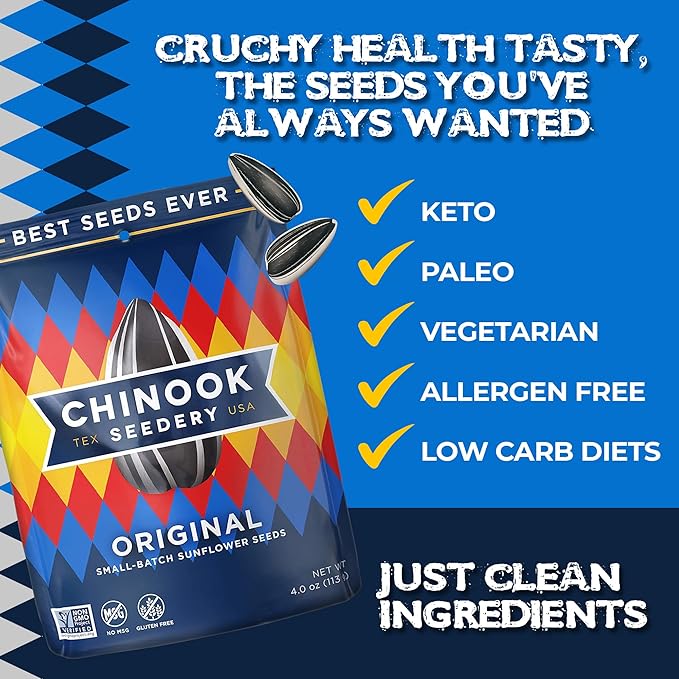 Chinook Seedery Roasted Jumbo Sunflower Seeds - Keto Snacks, Gluten-Free, Non-GMO, Original Flavor 4 oz (12-Pack)