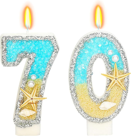 Birthday Candle for Cake, Beach Starfish Sequins Candles, 2.76 inch Cake Topper Decoration for Birthday Party (Number 70)