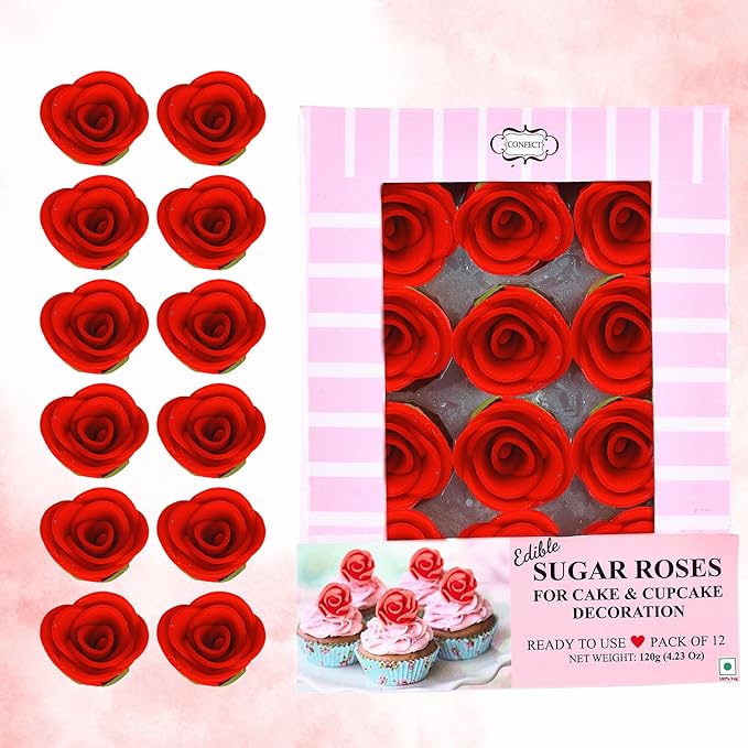 Confect Edible Red Flower | Edible Flower for cake decorations | Edible Flower Cupcake Toppers | | Cupcakes & Doughnut Edible Toppers | Red Sugar Flower- Vegan, Gluten-Free, Nut-Free, Dairy-Free, Palm Oil-Free -Pack of 12