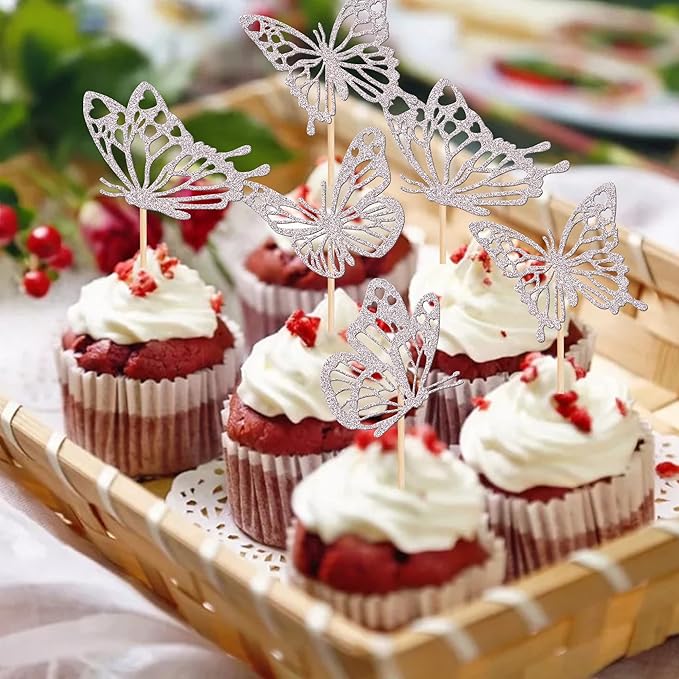 Rsstarxi 24 Pack Butterfly Cupcake Toppers Glitter Assembled Hollow Butterfly Baby Shower Cupcake Picks Wedding Engagement Bridal Shower Kids Birthday Party Cake Decorations Supplies Silver