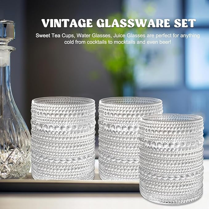 Set of 4 Vintage 12 oz Crystal Glasses, Old Fashioned Glass Cups for Water, Juice, Coffee, and Beer (Clear)