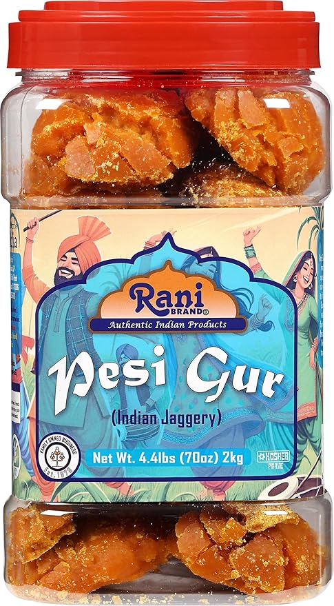 Rani Pesi Gur (Jaggery) Indian Unrefined Raw Cane Sugar 70oz (4.4lbs) 2kg PET Jar ~ Gluten Friendly | Vegan | NON-GMO | Kosher | No Salt or fillers | Indian Product