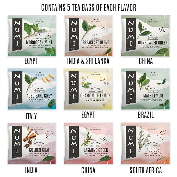 Numi Organic Tea World of Tea Gift Set, 45 Tea Bags, Fair Trade Black, Green, Mat챕, Rooibos & Herbal Tea Sampler