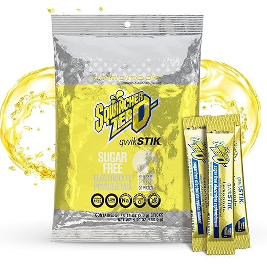 Sqwincher Zero Qwik Stik, Sugar Free, Low Calorie, Low Sodium Electrolyte Powder Hydration Drink Mix, Lemonade, .11 0z Packet (Pack of 50)