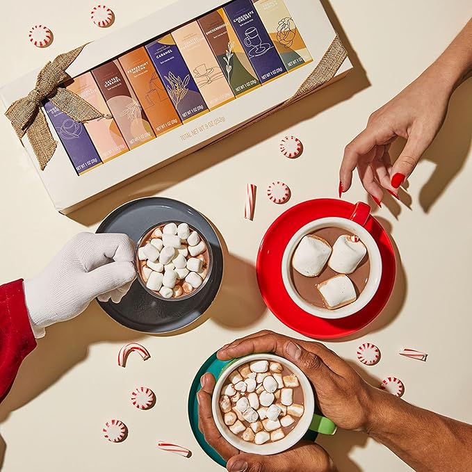 Gourmet Hot Chocolate Gift Set, Flavors Include Salted Caramel, Peppermint, French Vanilla and More, Packaged in Gift Box with Bow, Set of 9