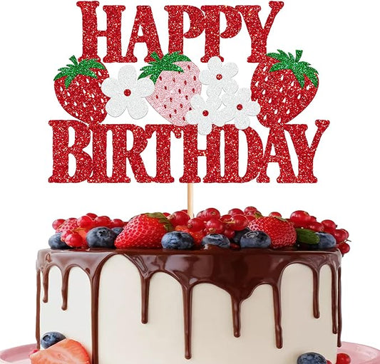 1 Pack Strawberry Happy Birthday Cake Topper Red Glitter Flower Strawberry Cake Pick for Fruit Theme Baby Shower Kids Birthday Party Strawberry Party Cake Decorations Supplies