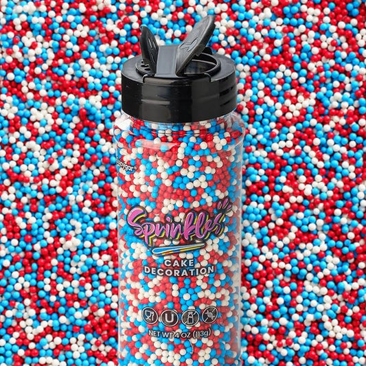 Red White and Blue Nonpareils Sprinkles, Sujoygar 4oz Edible Patriotic Sprinkles for Ice Cream Toppings Cake Cupcakes Chocolate Baking Cookies Desserts Decoration, 4th of July Independence Memorial Food Supplies