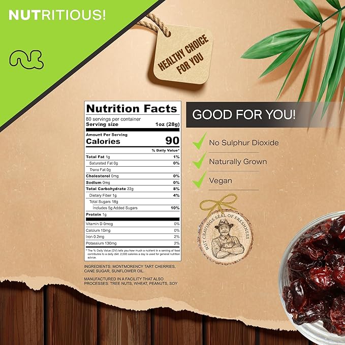 NUT CRAVINGS - Sun Dried Sour Tart Cherries, Lightly Sweetened, Unsulphured (80oz, 5 LB) Bulk Dry Fruits Packed Fresh in Resealable Bag - Sweet Healthy Snack, Naturally Grown, Vegan, Kosher