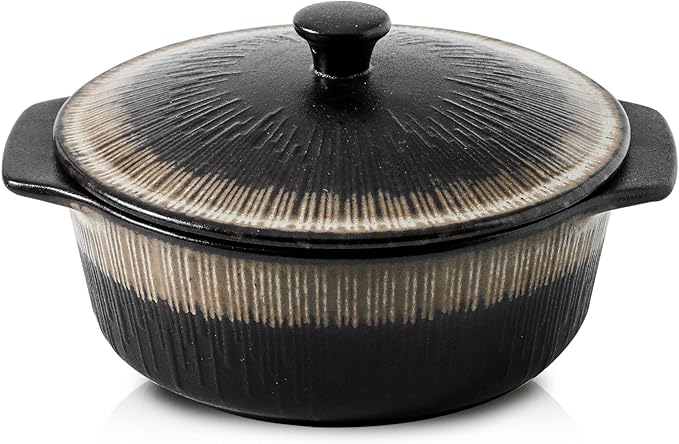 KOOV Ceramic Casserole Dish with Lid Oven Safe, 2 Quart Casserole Dishes, Covered Round Casseroles Dishes, 9 inch Baking dish With Lid, Deep Casseroles Cookware Set, Stripe Series (Rough Black)