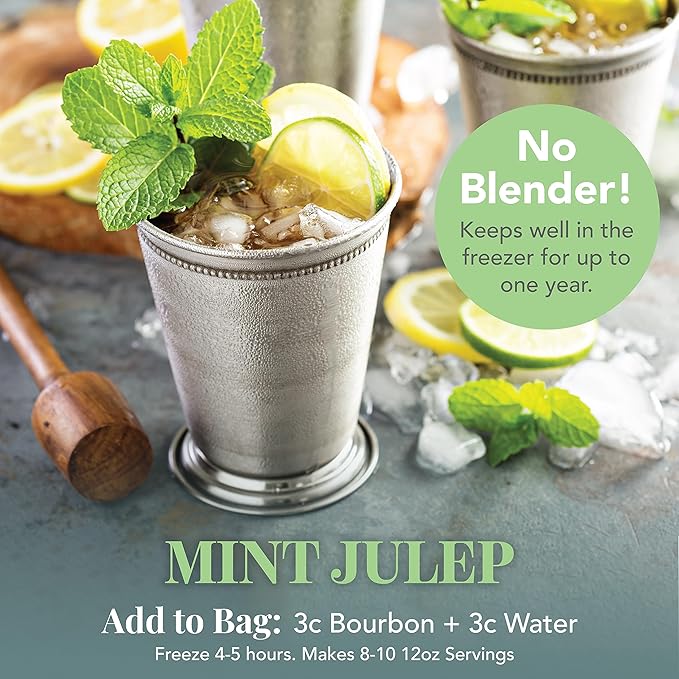 Frozen Cocktail Drink Mix - Makes 10 Slushies - Mint Julep Drink Powder Pouches for Alcohol - All Natural Low Sugar Mixer, No Blender Needed