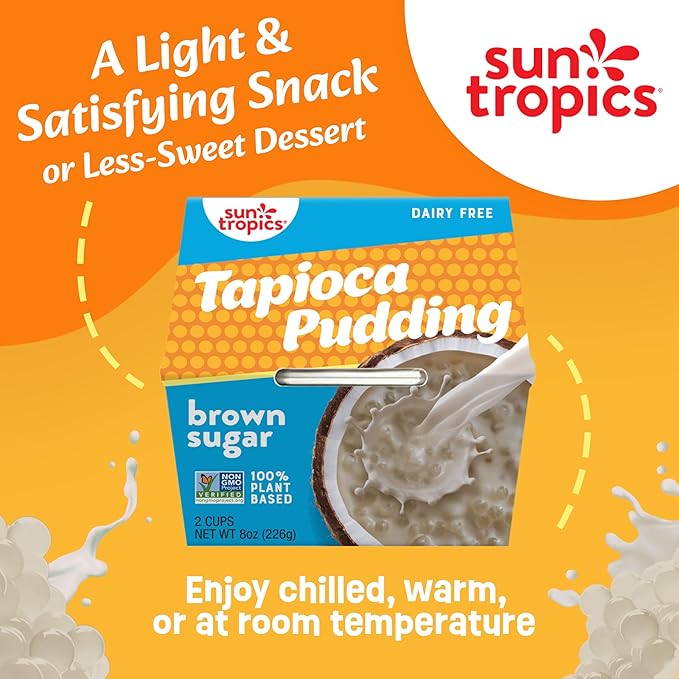 Sun Tropics Tapioca Pudding, Brown Sugar | Vegan Pudding, Dairy Free Pudding | Gluten Free, Low Sugar, Non-GMO | Ready-to-Eat Pudding Cups 4oz (Pack of 12 cups)