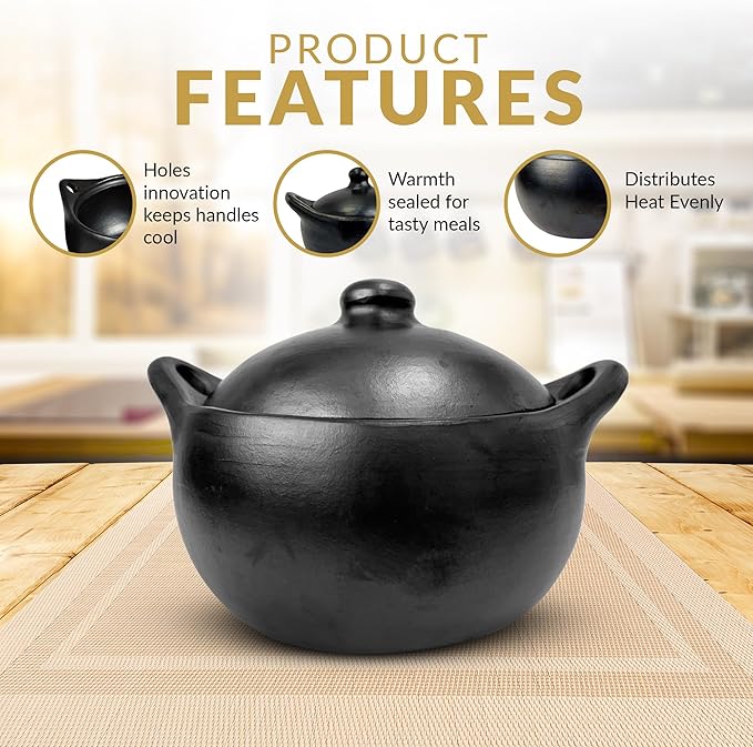 Authentic La Chamba Stewpot-Elegant, All-Natural Black Clay Dutch Oven for Braising, Baking, Roasting Chicken, Cooking Beans - Stovetop & Oven Safe ??Handmade in Colombia - Medium, 3 Qt.