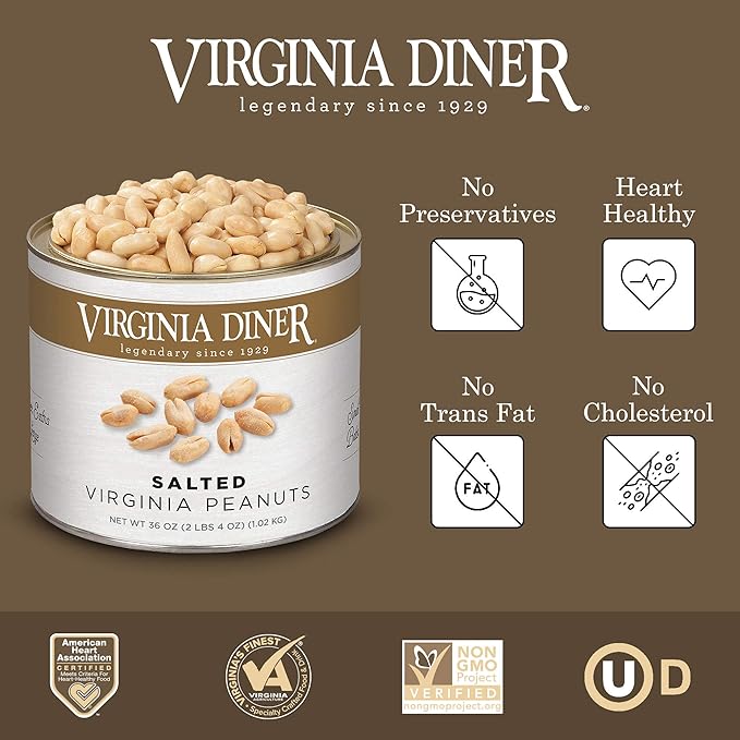 Virginia Diner Natural XL Blister Roasted Virginia Peanuts, Heart Healthy, All Natural, 36 Ounce Tin (2.25 Pound Salted)