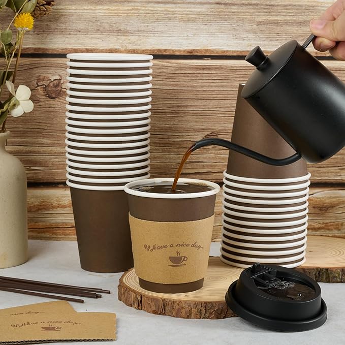 LITOPAK 100 Pack 10 oz Paper Coffee Cups with Lids, Sleeves, and Stirring Sticks for Coffee, Water, or Juice, Browm 10 Ounce Disposable Hot Paper Cups for Cafes, schools, offices, shops