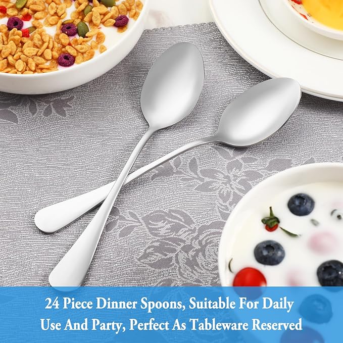 24 Pcs Dinner Spoon Set,Premium Food Grade Stainless Steel Spoons,Durable Metal Spoons,Tablespoon,Spoons Silverware Only,Mirror Finish & Dishwasher Safe,Use for Home,Kitchen and Restaurant - 7.3 inch