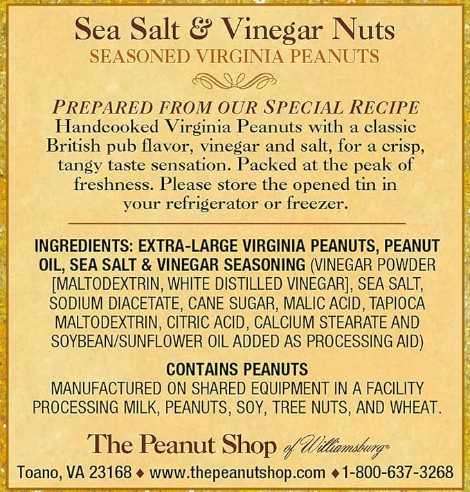 The Peanut Shop of Williamsburg Sea Salt & Vinegar Williamsburg Peanuts, Lightly Salted Handcooked Virginia Peanuts, Gluten-Free - 10.5 Oz Tin