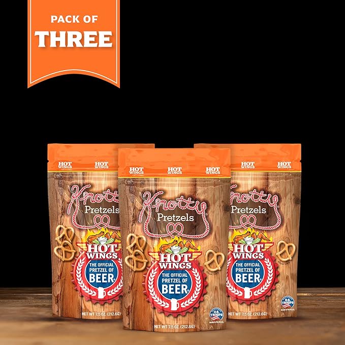 Knotty Pretzels ?쏷he Official Pretzel of Beer??7.5 oz Individual Seasoned Pretzels in Resealable Pretzel Snack Bags, The Perfect Pairing for Beer, Hot Wings Flavor (3-Pack)