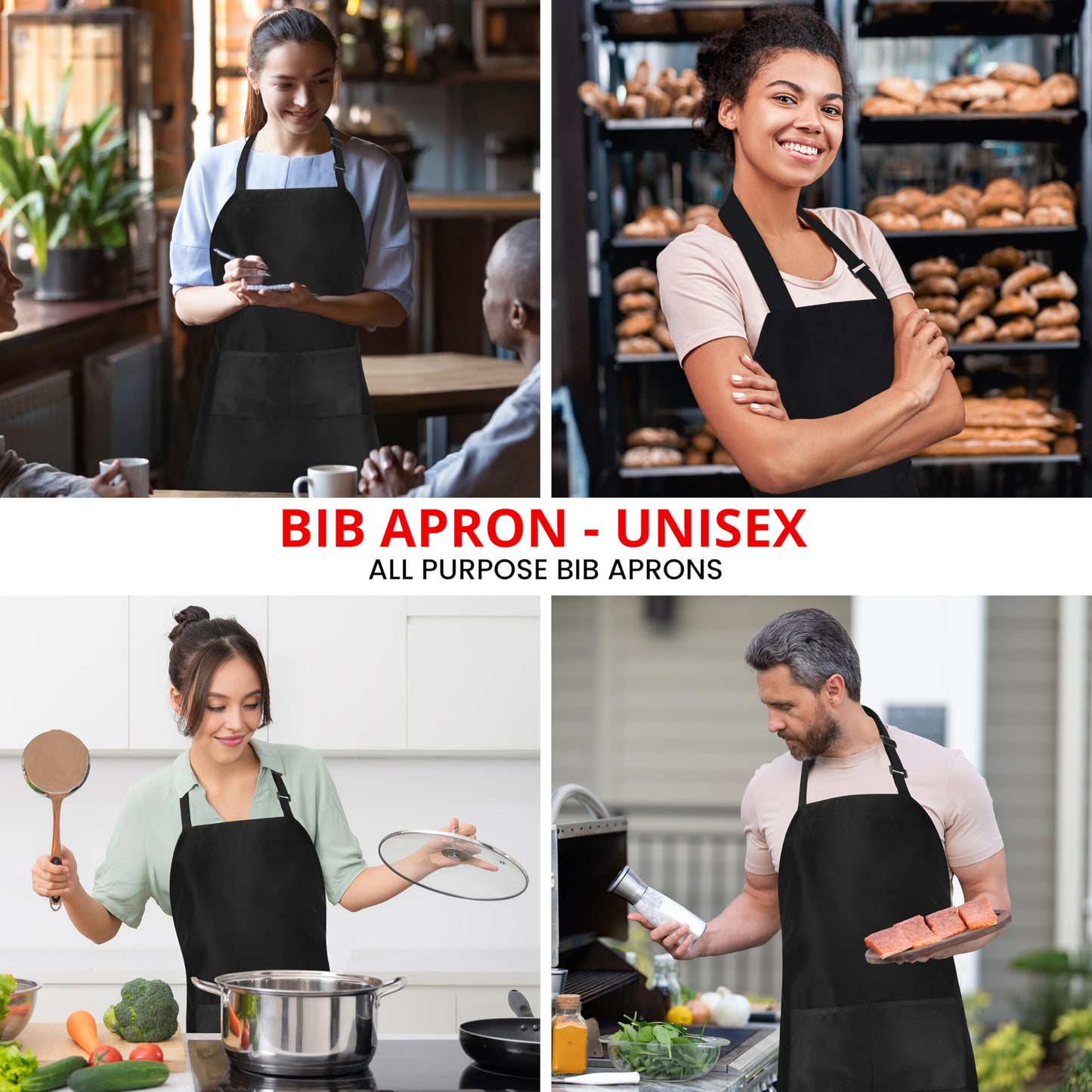 Utopia Kitchen Bib Aprons 10 Pack Adjustable With 2 Pockets Black