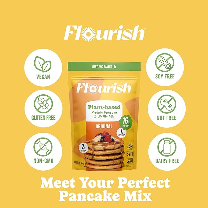 Flourish Plant-Based Protein Pancake & Waffle Mix, Gluten-Free, Dairy-Free, Nut-Free, Soy-Free, Vegan, Non-GMO, All-Natural Superfood, High Protein & Fiber, Just Add Water - Original, 430 g (2 Pack)