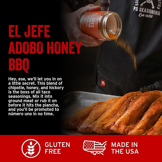 PS Seasoning El Jefe - Adobo Honey Spice Blend & Adobo All-Purpose Seasoning Dry Rub for Tacos, Fajitas, Chicken, Pork, Beef - Mexican Street Taco Seasoning Mix for Grilling, Smoking, Baking, Roasting