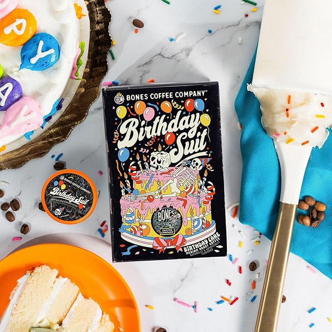 Bones Coffee Company Birthday Suit, Birthday Cake Flavored Coffee Pods, Low Acid Medium Roast Single-Serve Bones Cups, Compatible with 1.0 & 2.0 K-Cups Brewers Coffee Maker, 12 Count