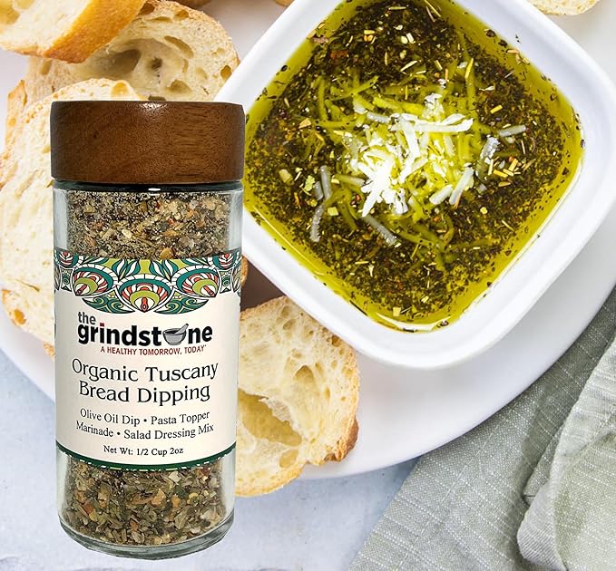 The Grindstone, Organic Tuscany bread dipping mix, perfect seasoning spice with extra virgin olive oil, bread, pasta topper, 2 oz. glass bottle with sifter, Pack of 2