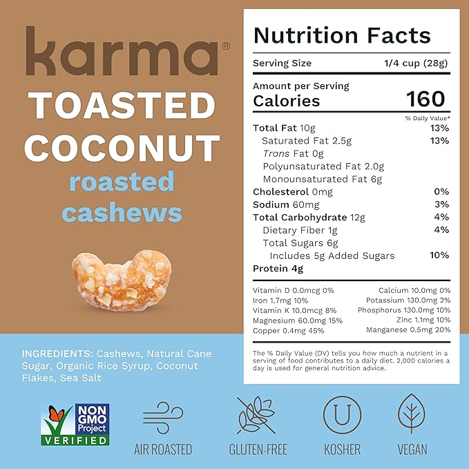 Toasted Coconut Air Roasted Whole Cashews by Karma Nuts, Lightly Sweetened, Peanut-Free Facility, Kosher, Everyday Nut Snack, 7oz Resealable Bag - 6 pack