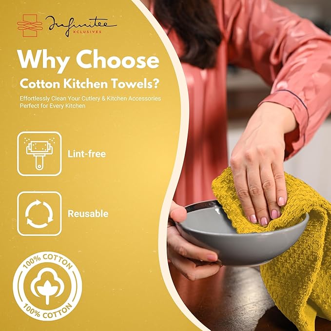 Infinitee Xclusives Premium Kitchen Towels ??Pack of 3, 100% Cotton |15 x 25| Inches Absorbent Dish Towels - Terry Kitchen Dishcloth Towels - Yellow Dish Cloth for Household Cleaning
