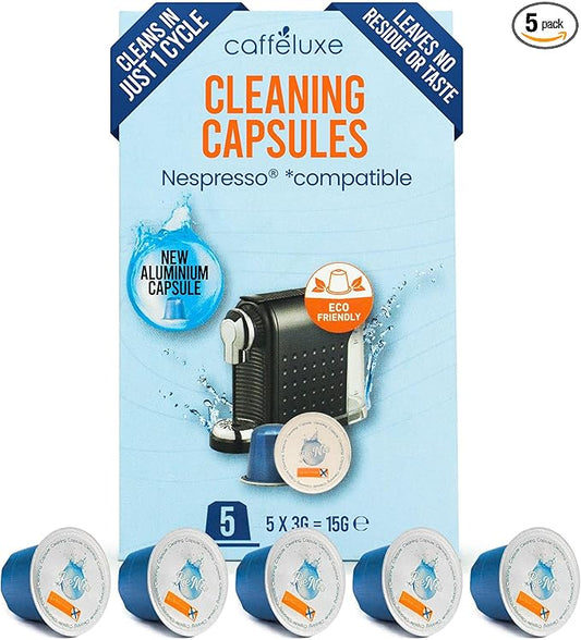 Caff챕luxe Coffee Machine Descaler Capsules ??Nespresso Compatible Coffee Maker Cleaner Pods ??Aluminum Cleaning Pods for One-Cycle Cleaning with No Residue or Aftertaste (5 Pack)